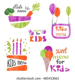 Watercolor kids menu logo design set. Collection of colorful vector menu banner. 