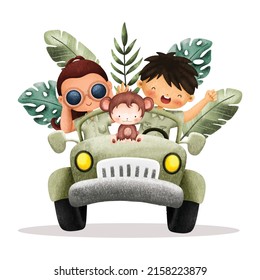 Watercolor Kids in Safari Jeep