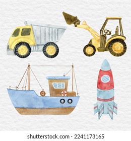 watercolor kids toy collection set clip art