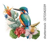 Watercolor kingfisher with jungle flower, isolated in white background, vector illustration.