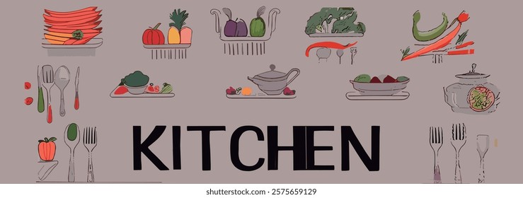 
Watercolor kitchen elements with food