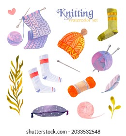 Watercolor knitting set with with yarn, socks, scarf, autumn clothes and plants