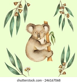 Watercolor Koala and the eucalyptus branches. Vector illustration.