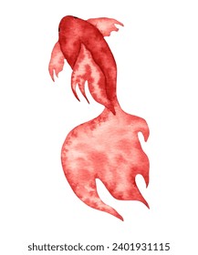 Watercolor koi fish in red color.Underwater world with sea animals,seafood. Single color, simple, stylized style. Sea life.Hand drawn isolated art.