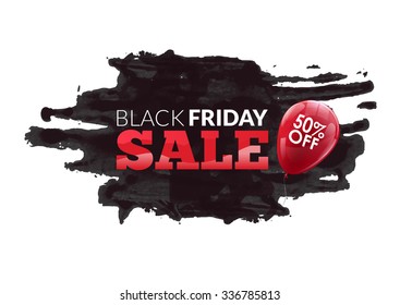 Watercolor label on the big Black Friday discounts and sales with balloon 50% off