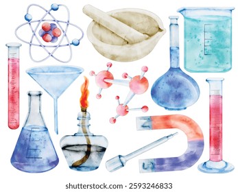 Watercolor Laboratory Equipment Illustration Set - Hand-Painted, Scientific Aesthetic - Beaker, Test Tube, Microscope, Bunsen Burner, Molecule Structure, Science, Chemistry Lab, Vector Illustration