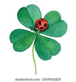 Watercolor ladybug on clover leaf