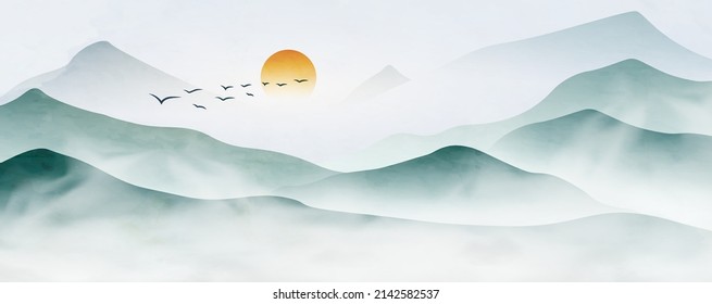 Paisaje acuático fondo de arte con montañas y colinas con sol y niebla. Pancarta de tinta abstracta para el diseño de papel pintado, interior, decoración, impresión, embalaje