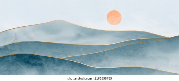 Watercolor landscape art background with mountains and hills with gold line. Abstract ink banner for wallpaper design, interior, decor, print, packaging.