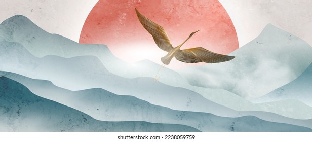 Watercolor landscape art background with mountains and hills in the mist with a golden bird in line style and the sun on the background. Banner for decoration design, print, textile, wallpaper, interi