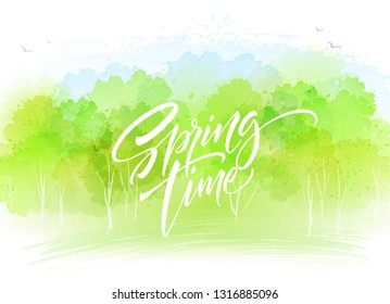 Fondo de paisaje acuático con letras de primavera. Ilustración del vector EPS10