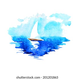 watercolor landscape with boat sailing in the sea, vector