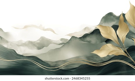 Watercolor landscape in dark green and golden colors, Vector abstract background, nature textured wallpaper