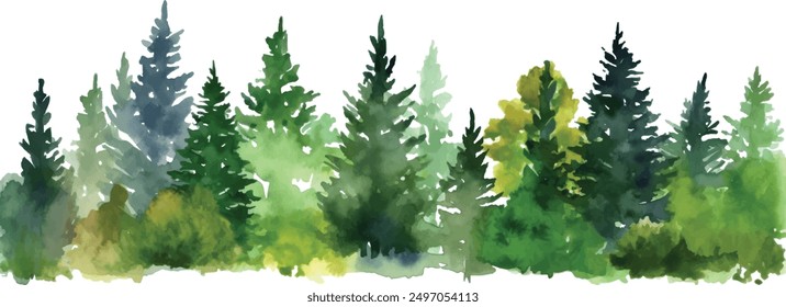 watercolor landscape with fir trees, abstract nature background, forest template, hand drawn illustration