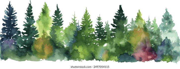 watercolor landscape with fir trees, abstract nature background, forest template, hand drawn illustration