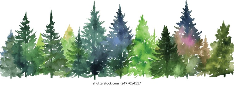 watercolor landscape with fir trees, abstract nature background, forest template, hand drawn illustration