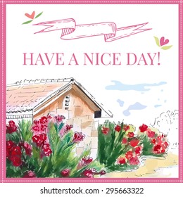 Watercolor landscape frame design for card. Can be used for packaging,invitations, Valentine's Day decoration, bag template. Vector illustration