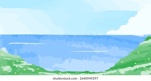 watercolor landscape with green hill, blue ocean, and clear sky