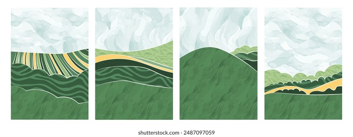 Watercolor landscape green hill, mountain, forest, Japanese scenery, sky backdrop. Minimalist oriental artwork, countryside: rice paddy, wheat field, organic garden. Ink texture, tranquil summer scene