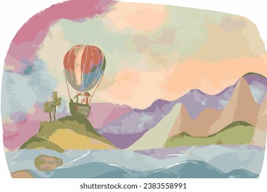 Watercolor landscape with hot air balloon and mountains. Hand drawn illustration