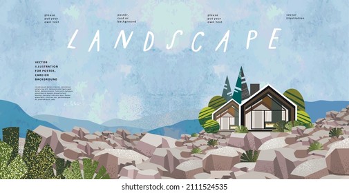 Watercolor landscape and house in nature  Rock view vector illustration and stones  villa   bushes  Drawing for banner  background card