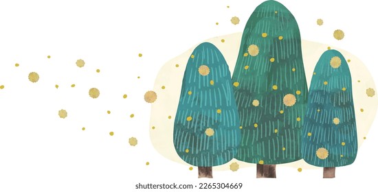 Watercolor landscape illustration of pollen flying from a tree.