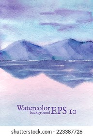 Watercolor landscape with lake and mountains and place for your text. Vector illustration.