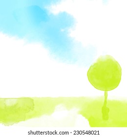 Watercolor landscape with lonely green tree and blue sky. Vector illustration.