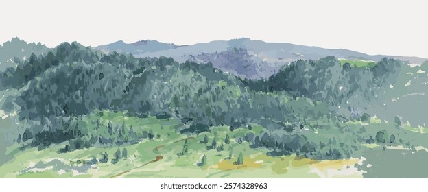 Watercolor landscape of lush green hills, distant mountains. Green hills, watercolor art, serene landscape. Mountains, hills, watercolor, nature scene. Vintage art drawing, isolated vector.