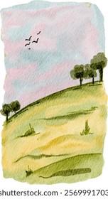 Watercolor Landscape Mountain and Hills