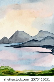 Watercolor Landscape Mountain, River, and Hills
