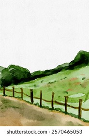 Watercolor Landscape Mountain, River, and Hills