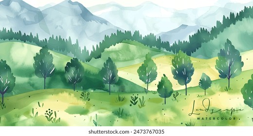 watercolor landscape with mountains and trees, Forest watercolor vector