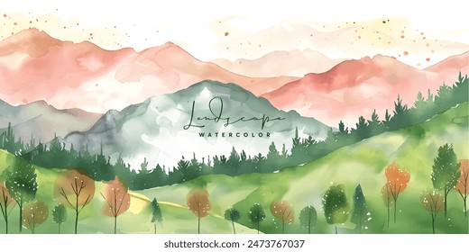 watercolor landscape with mountains and trees, Forest watercolor vector