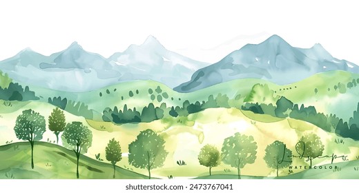 watercolor landscape with mountains and trees, Forest watercolor vector