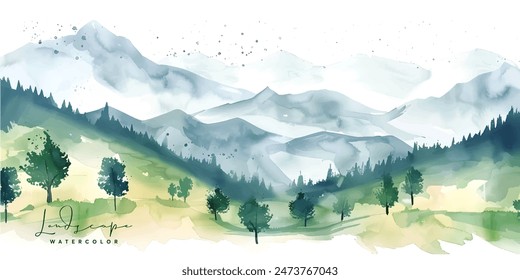 watercolor landscape with mountains and trees, Forest watercolor vector