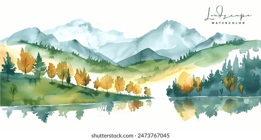 Paisaje de acuarela con montañas y árboles, Vector de acuarela del bosque