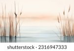 Watercolor landscape painting illustration of evening sea with grass in sunset sunlight. For background, card, design.