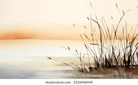 Watercolor landscape painting illustration of evening sea with grass in sunset sunlight. For background, card, design.