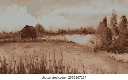 Plano de fundo monocromático de pintura de paisagem em aquarela