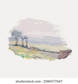 Watercolor landscape painting with soft colors. Depicts rolling hills, trees, and sky. The watercolor style creates a serene, peaceful landscape scene. Vintage art illustration, vector.