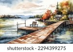 Watercolor landscape with pier, lake, cabin, forest, beautiful vacation scenery, travel theme poster design.
