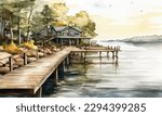 Watercolor landscape with pier, lake, cabin, forest, beautiful vacation scenery, travel theme poster design.
