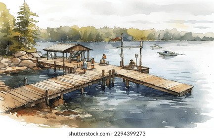 Watercolor landscape with pier, lake, cabin, forest, beautiful vacation scenery, travel theme poster design.
