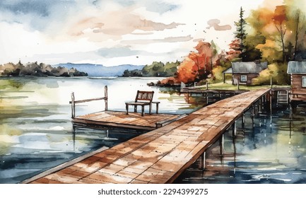 Paisaje acuático con muelle, lago, cabaña, bosque, hermoso paisaje vacacional, diseño de afiches temáticos de viajes.
