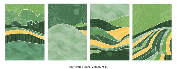 Watercolor landscape with rice paddy, wheat field, tea plantation. Green hills, vineyards, and corn crops. Abstract patterns, organic textures. Eco-friendly agriculture, spring view, simple elegance