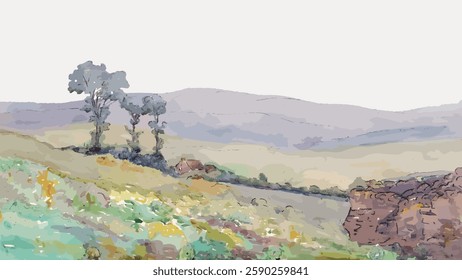 Watercolor landscape of rolling hills with trees. Soft colors depict serene hills and trees. Peaceful scene with hills, trees, and a calm atmosphere. Vintage art painting vector.