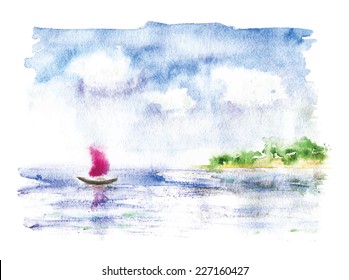 watercolor landscape with sailing boat in the sea, vector illustration