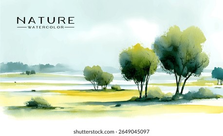Paisagem aquarela de uma cena serena do campo.