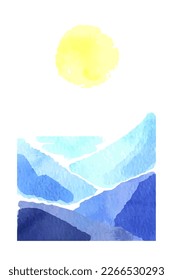 Paisaje acuarela. Sencillo dibujo abstracto vertical de acuarelas con cordillera azul, mar a lo lejos y gran sol amarillo. Ilustración del paisaje moderno pintado a mano en colores vivos